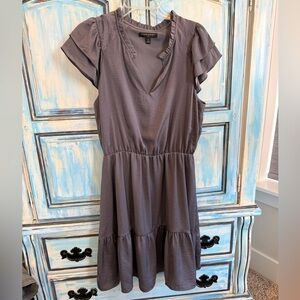 Banana Republic Gray Ruffled Puff Sleeve Midi Dress